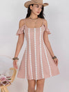 Daverri floral lace trim cold shoulder A-line dress in soft pink with white embroidery