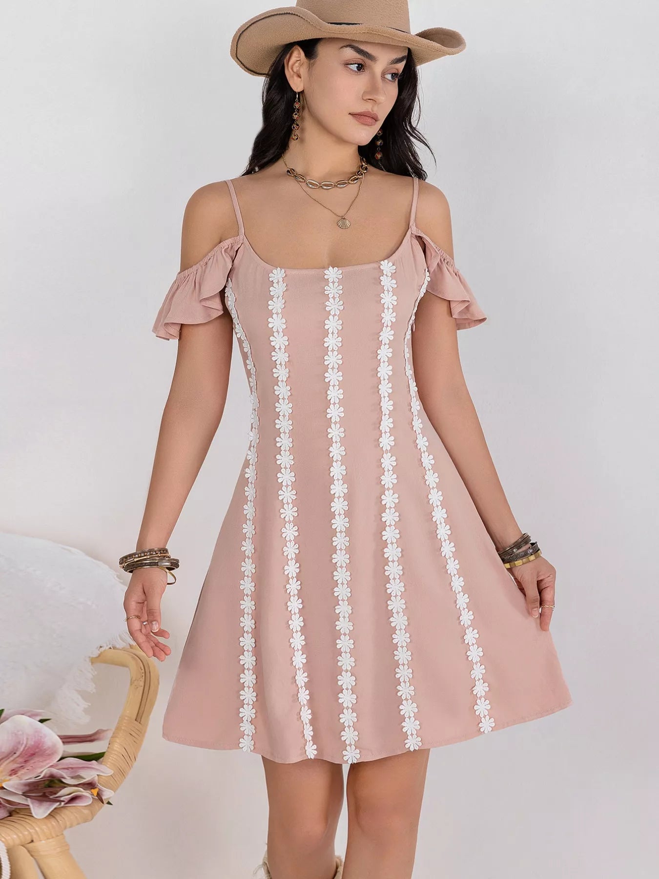 Daverri floral lace trim cold shoulder A-line dress in soft pink with white embroidery