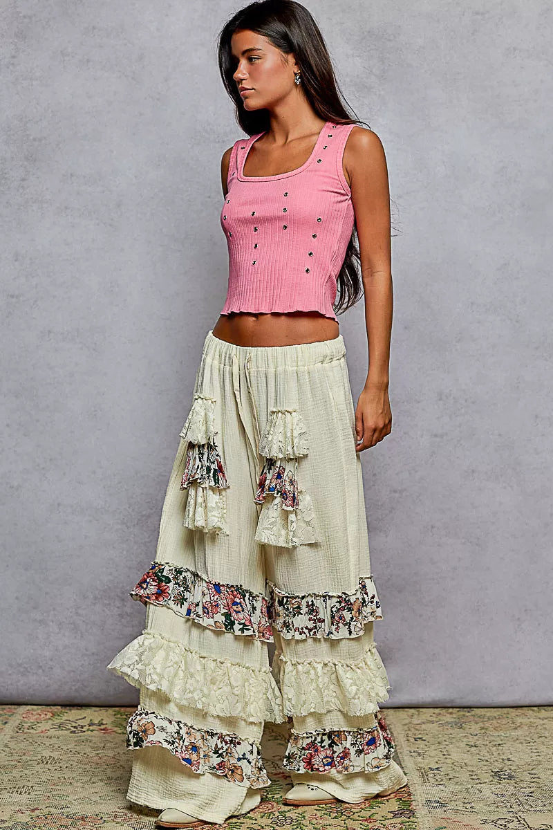 POL Drawstring Double Gauze Wide Leg Pants with Print and Lace Ruffle | Pants Daverri Fashions