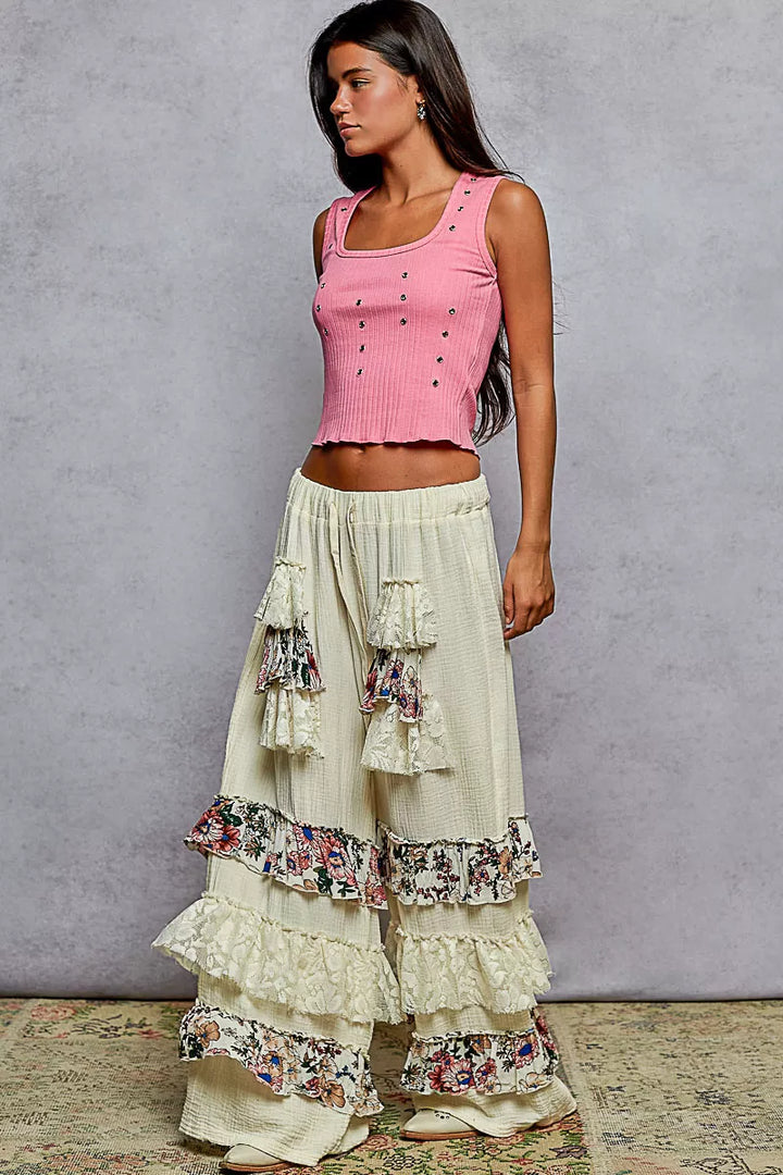 POL Drawstring Double Gauze Wide Leg Pants with Print and Lace Ruffle | Pants Daverri Fashions