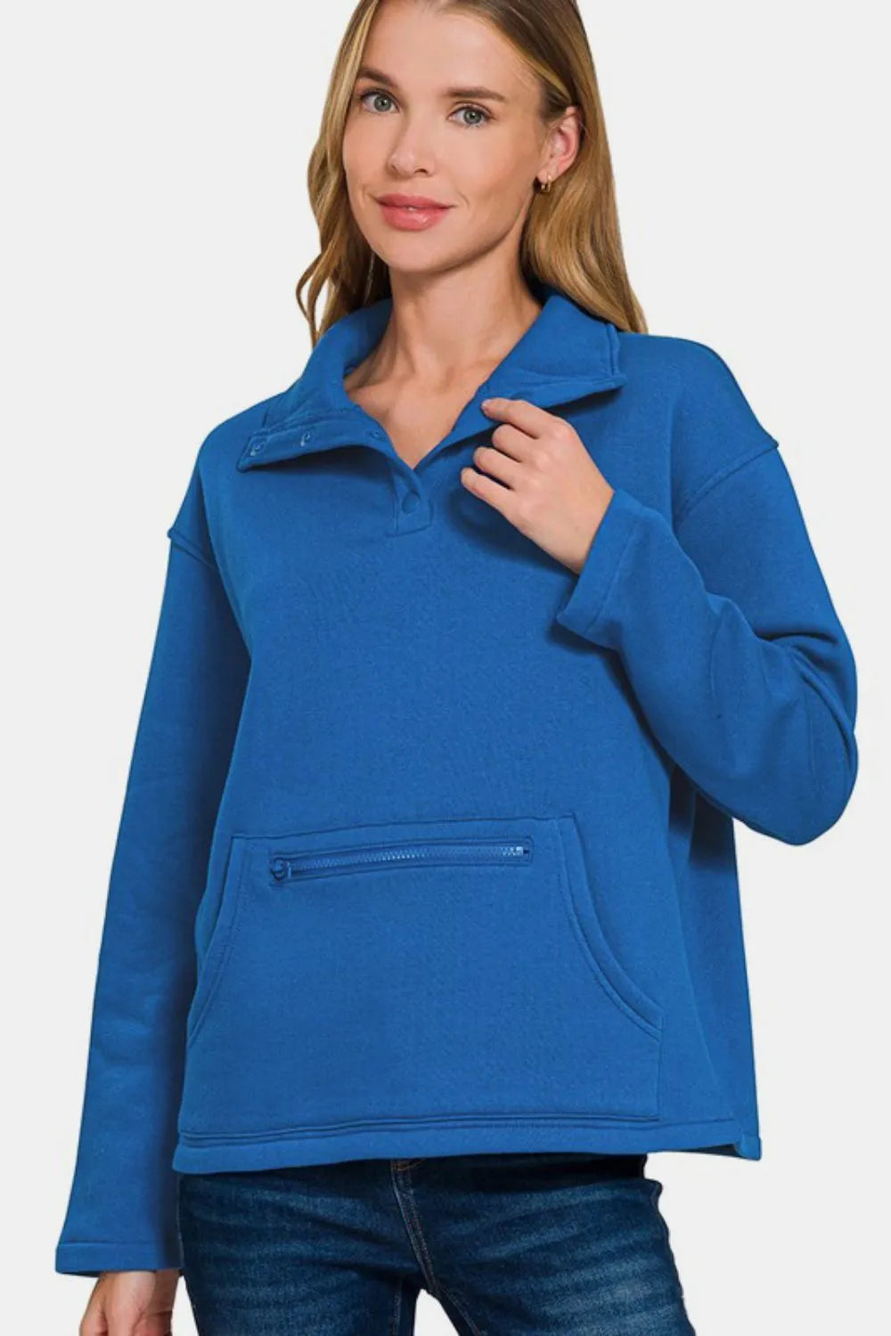 Zenana Turtleneck Half Snap Fleece Sweatshirt Royal Blue Sweatshirts