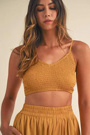 MABLE Smocked Bralette Crop Top and Wide Leg Pants Set Gold | Outfit Sets Daverri Fashions