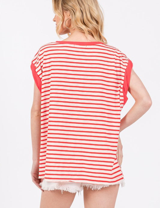 Ces Femme Side Slit Striped Cap Sleeve T-Shirt