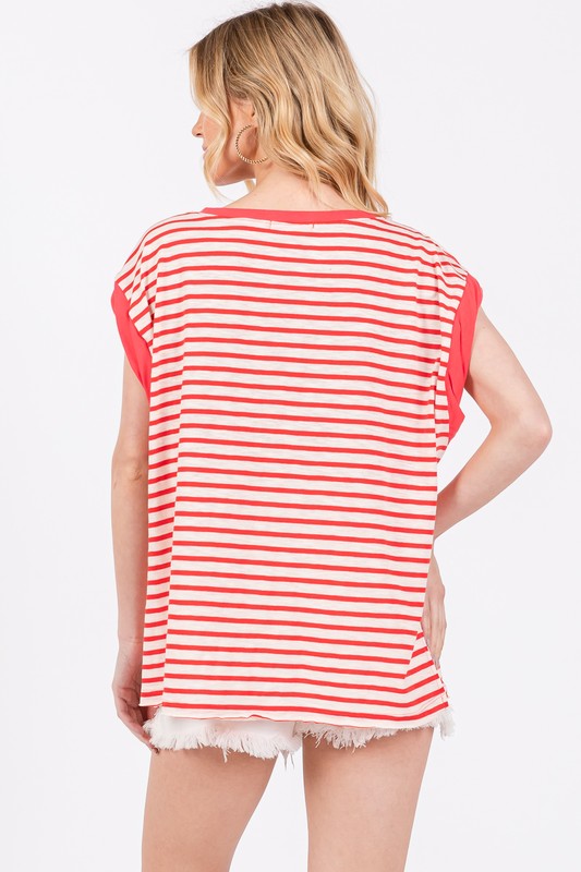 Ces Femme Side Slit Striped Cap Sleeve T-Shirt T-Shirts