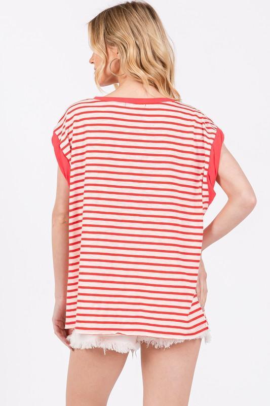 Ces Femme Side Slit Striped Cap Sleeve T-Shirt - DAVERRI FASHIONS