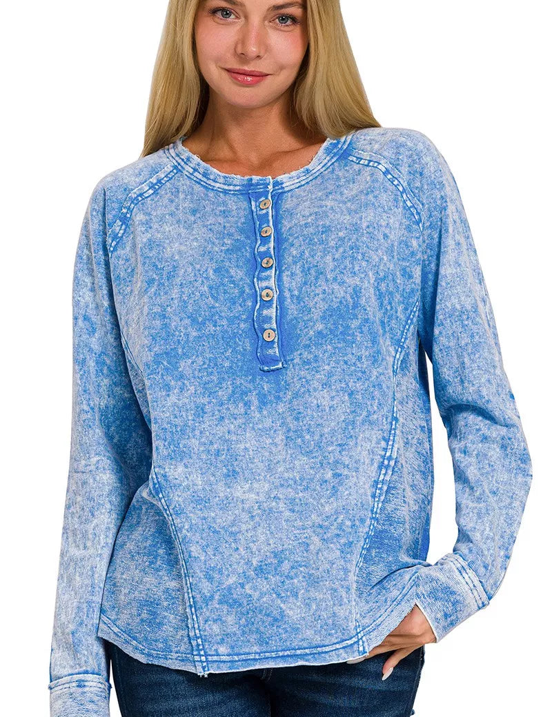 OCEAN BLUE Zenana Washed French Terry Half Button Top | Tops Daverri Fashions