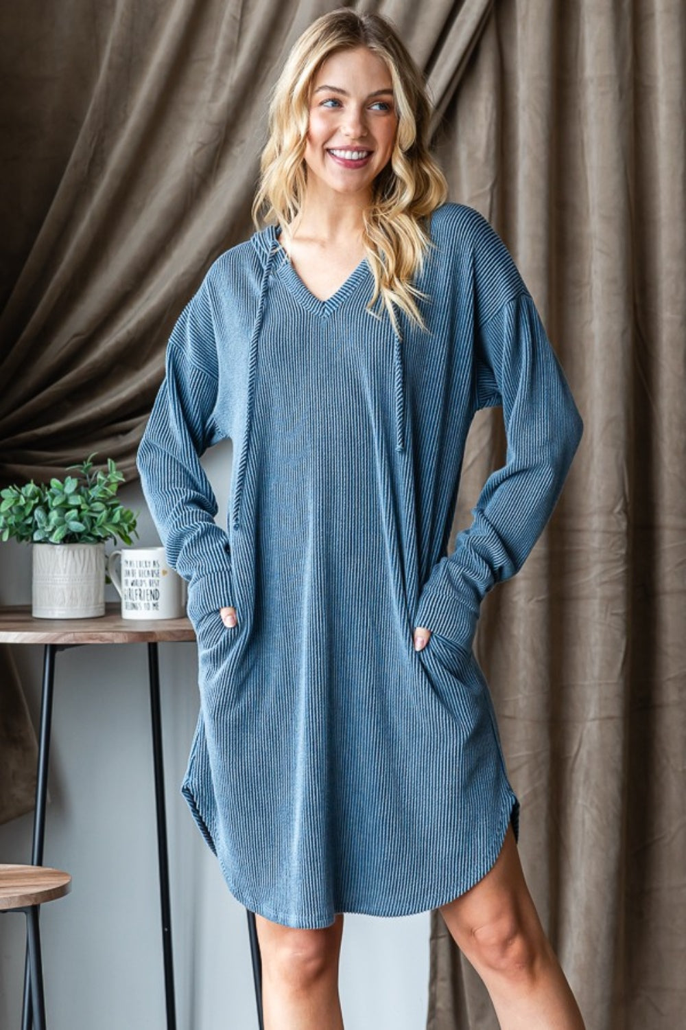 Heimish Ribbed Long Sleeve Hooded Dress Dk Denim Dresses