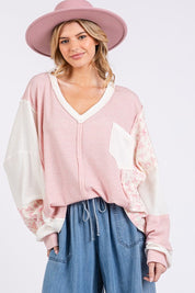 SAGE + FIG Floral Long Sleeve V-Neck Waffle Knit Top Blush Pink