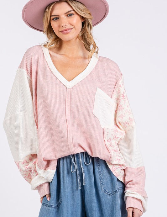 SAGE + FIG Floral Long Sleeve V-Neck Waffle Knit Top Blush Pink