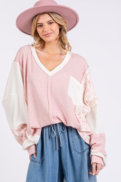 SAGE + FIG Floral Long Sleeve V-Neck Waffle Knit Top Blush Pink Tops