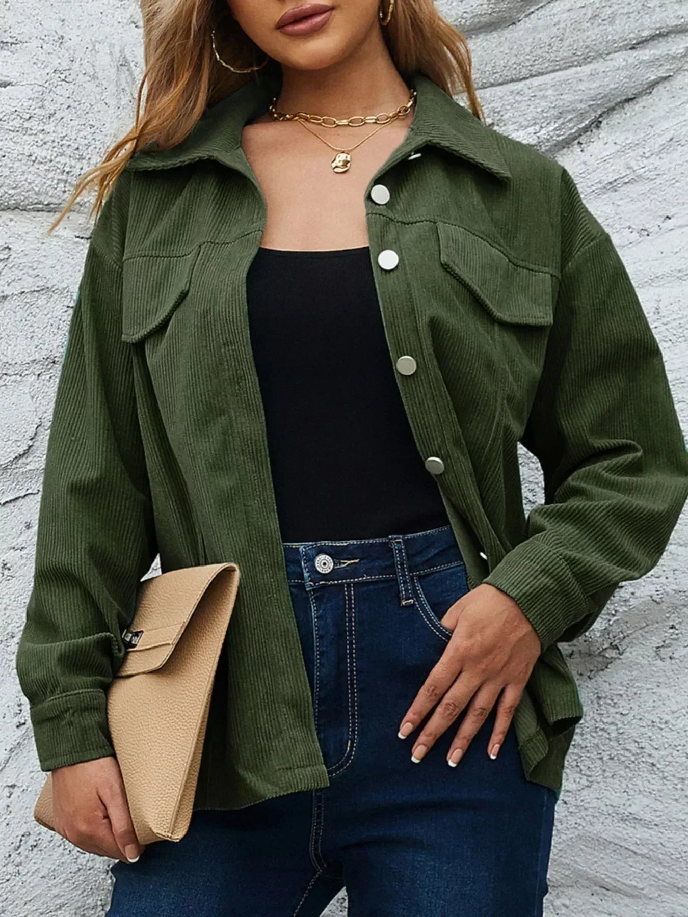 Corduroy Button-Down Shacket - DAVERRI FASHIONS