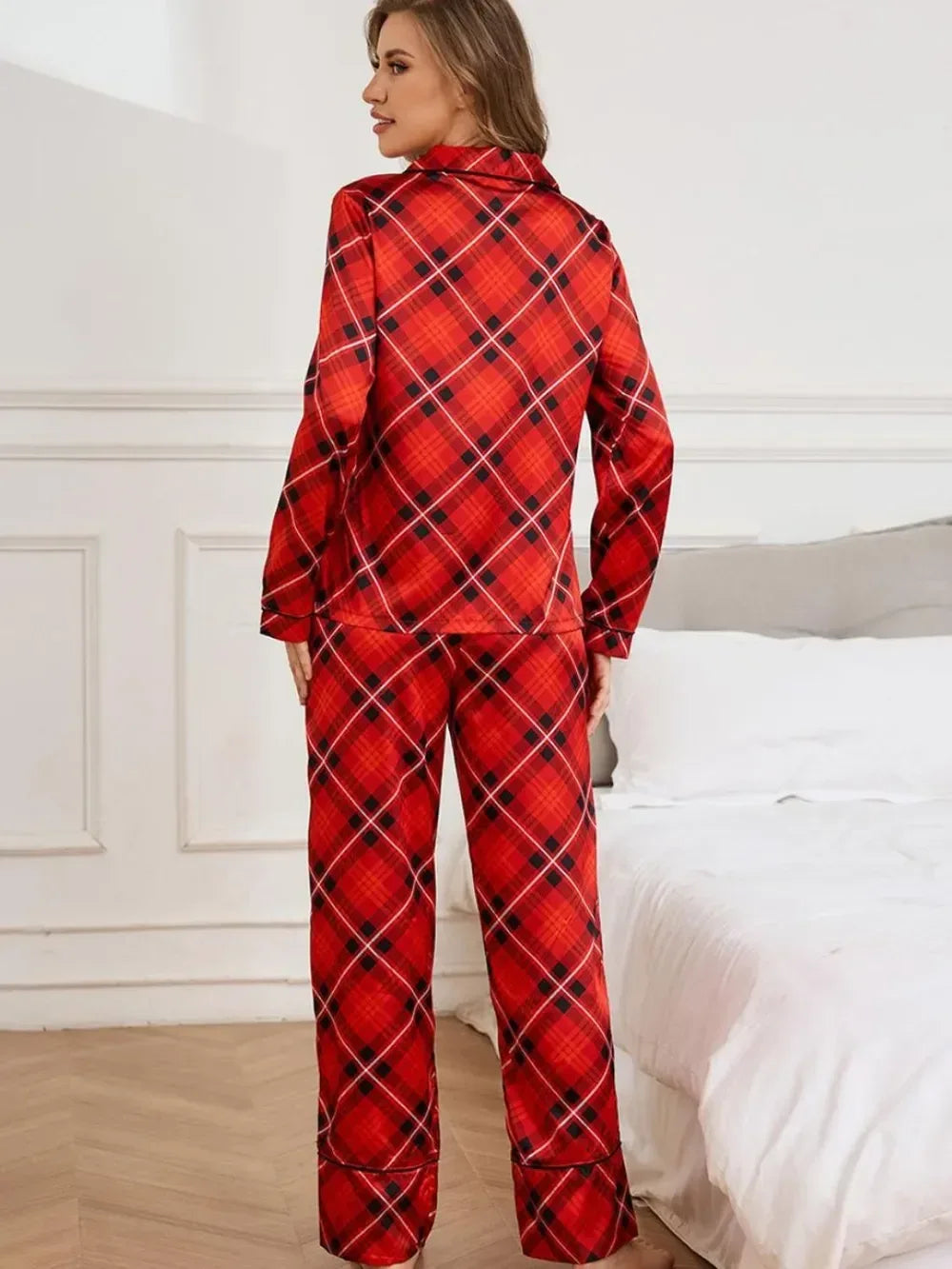Plaid Button Up Long Sleeve Top and Pants Lounge Set - DAVERRI FASHIONS