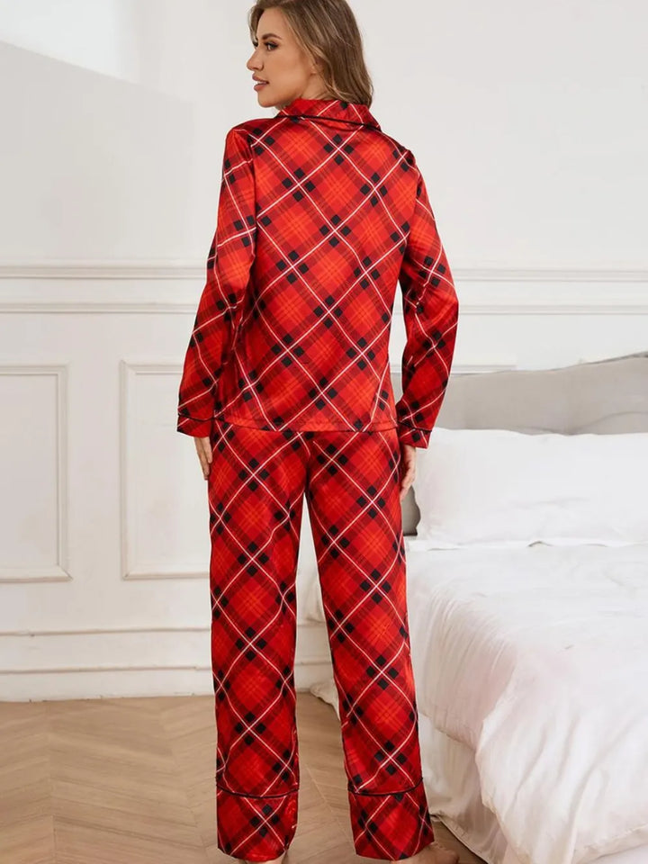 Plaid Button Up Long Sleeve Top and Pants Lounge Set | Loungewear Sets Daverri Fashions