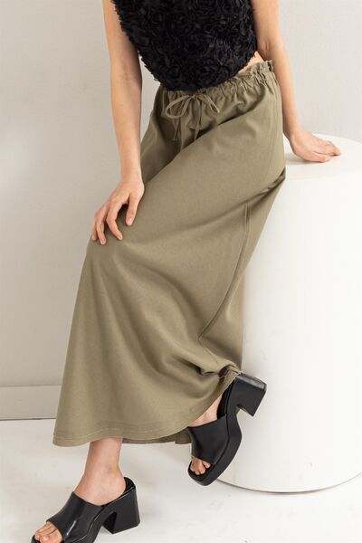 HYFVE Drawstring Washed Linen Maxi Skirt Olive L