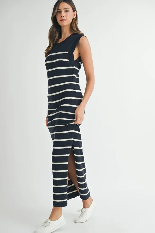MABLE Sleeveless Stripe Sweater Maxi Side Slit Dress