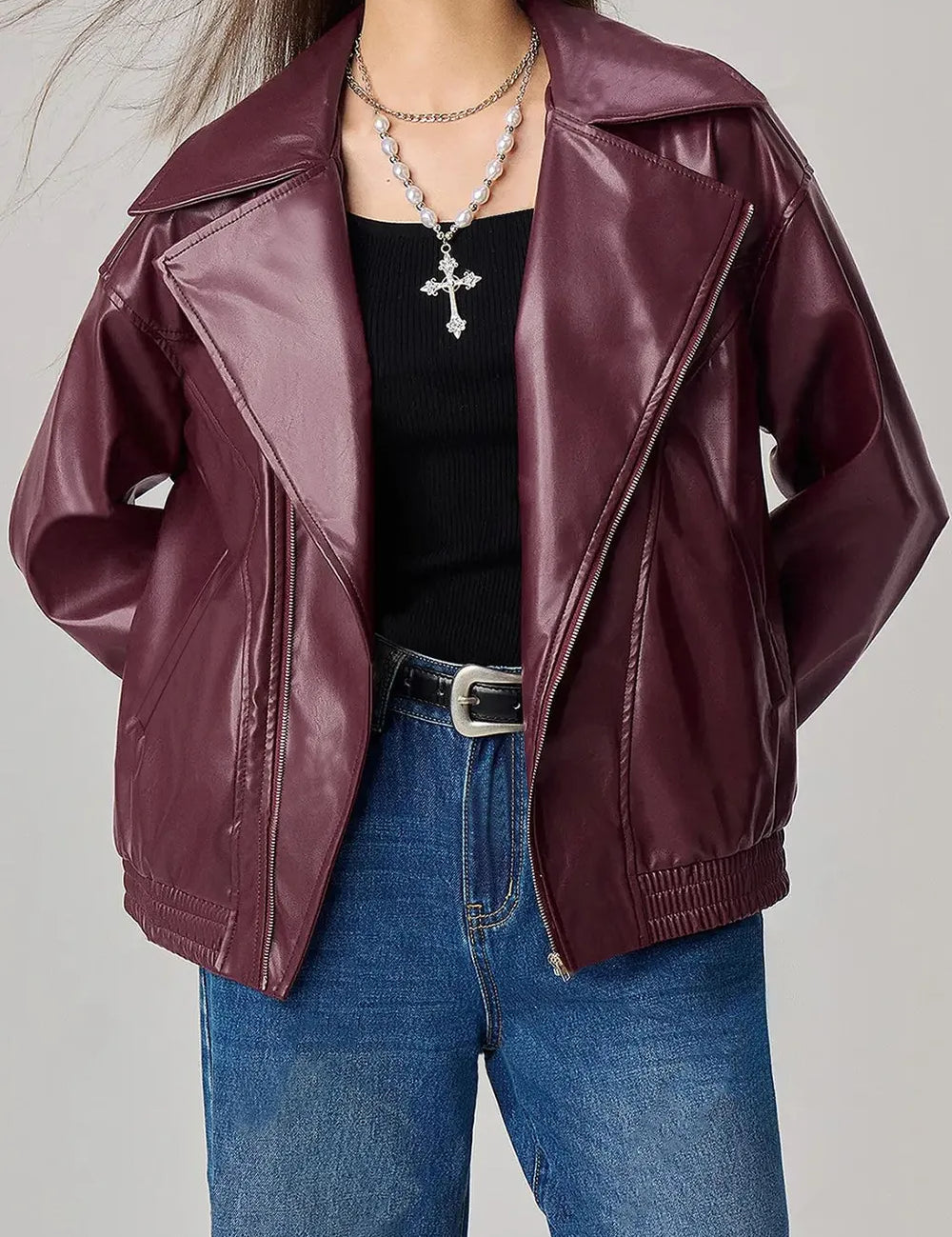 Plum Purple Zip Up Drop Shoulder Faux Leather Jacket | Jackets Daverri Fashions