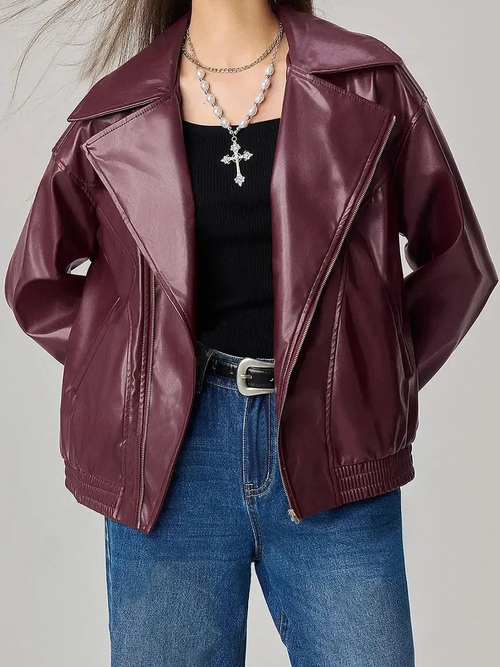 Zip Up Drop Shoulder Faux Leather Jacket - DAVERRI FASHIONS