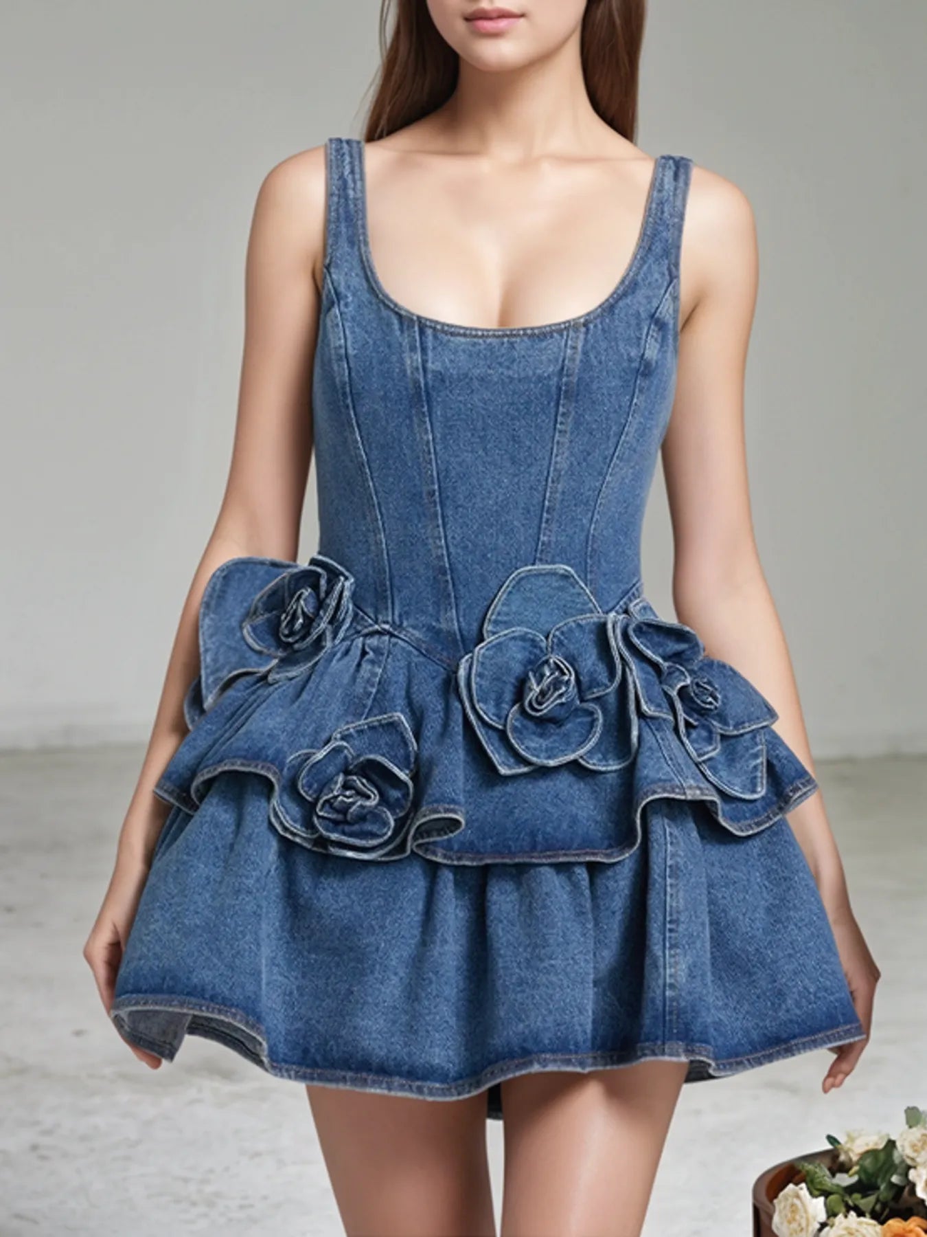 Ruffled Layered Scoop Neck Denim Dress | Daverri Fashions