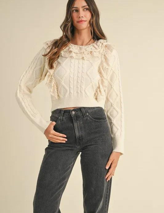 Cream MABLE Ruffled Lace Crochet Sweater | Sweaters Daverri Fashions