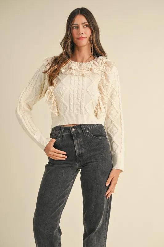 MABLE Ruffled Lace Crochet Sweater - DAVERRI FASHIONS