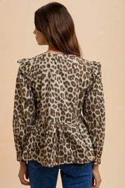 Annie Wear Tied Leopard Round Neck Peplum Blouse | Blouses Daverri Fashions