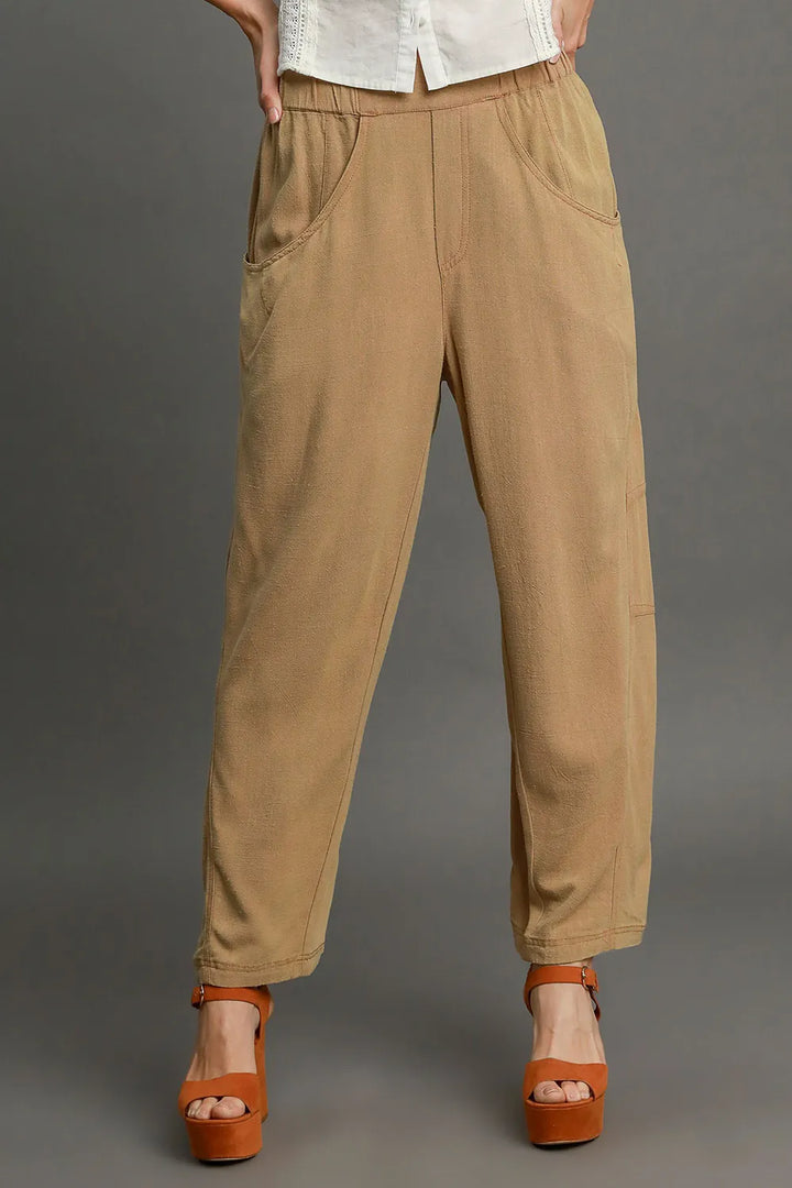 Umgee Elastic Waist Baggy Fit Pants with Pockets Latte
