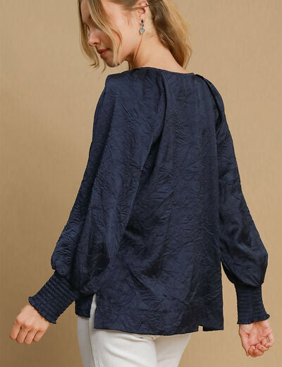 Umgee Wrinkled Round Neck Lantern Sleeve Blouse