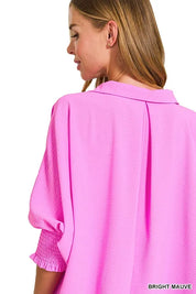 Zenana Airflow Collar Tee with Smocked Sleeve Band Top | Tops Daverri Fashions