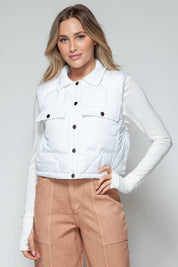 White Snobbish Snap Down Quilted Crop Vest | Vest Jackets Daverri Fashions
