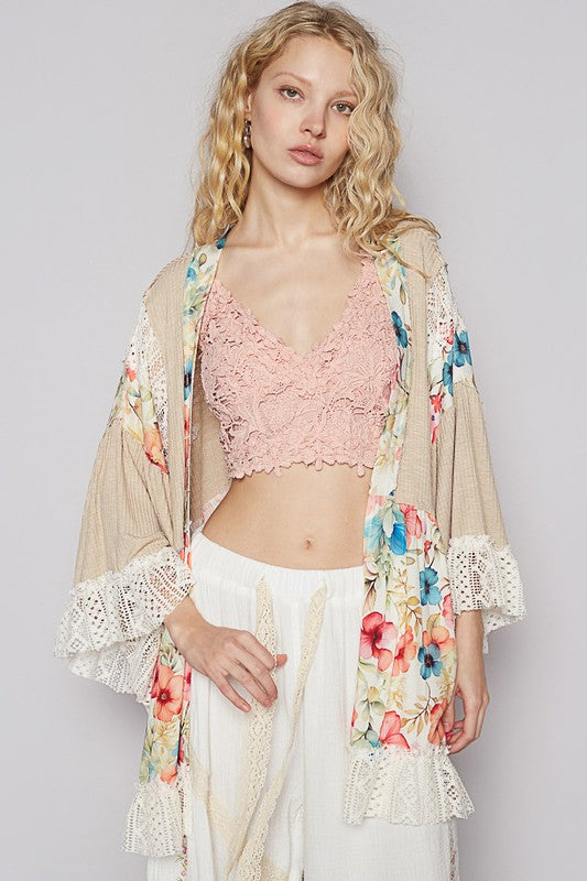 POL Floral Crochet Detail Open Front 3/4 Sleeve Cardigan Tan Cardigans