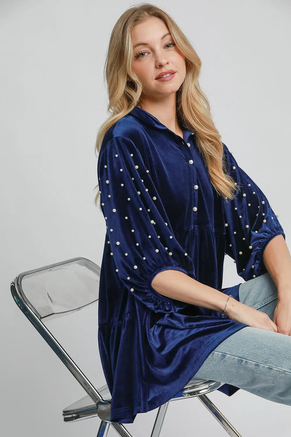Umgee Pearl Detail Collared Neck Velvet Babydoll Blouse | Blouses Daverri Fashions