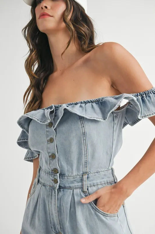 MABLE Off Shoulder Ruffle Detail Denim Romper Rompers