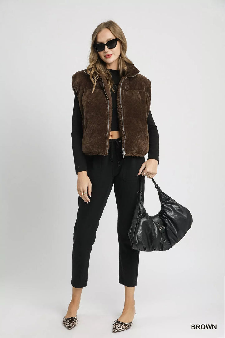 Umgee Sherpa-Lined Zip Vest with Drawstring Hem | Vest Jackets Daverri Fashions