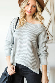 Grey ribbed off-shoulder boat neck sweater with side slits and buttons