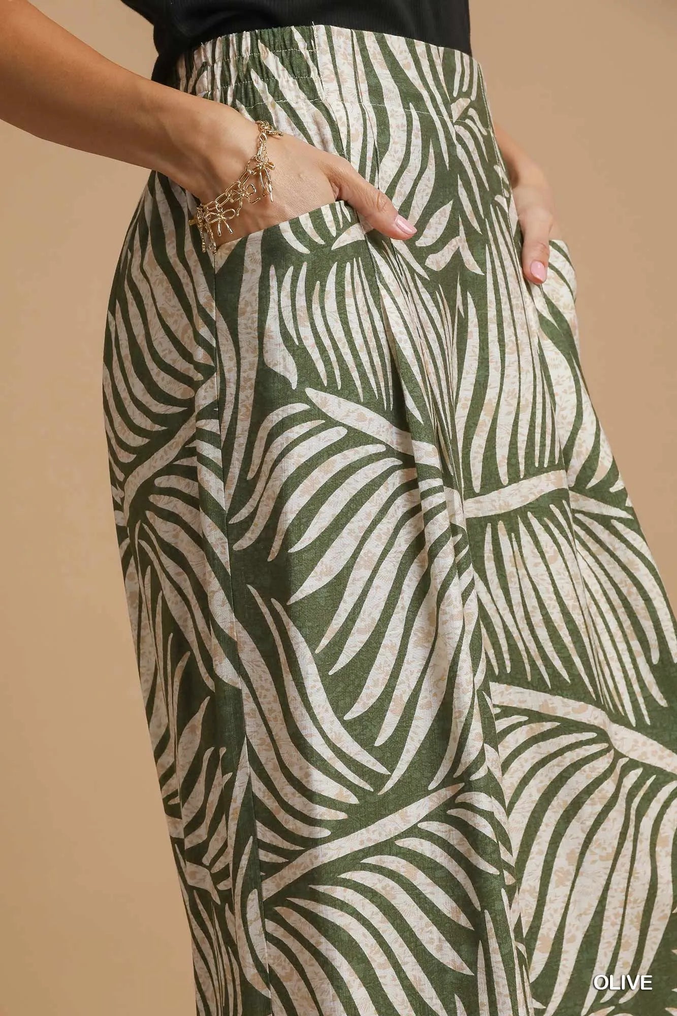 Umgee Palm Leaf Print Wide Leg Culotte Pants Pants