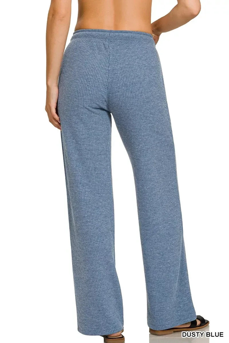 Ribbed Drawstring Lounge Pants Dusty Blue - DAVERRI FASHIONS
