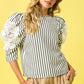 Umgee Striped Lace Puff Sleeve Blouse Black
