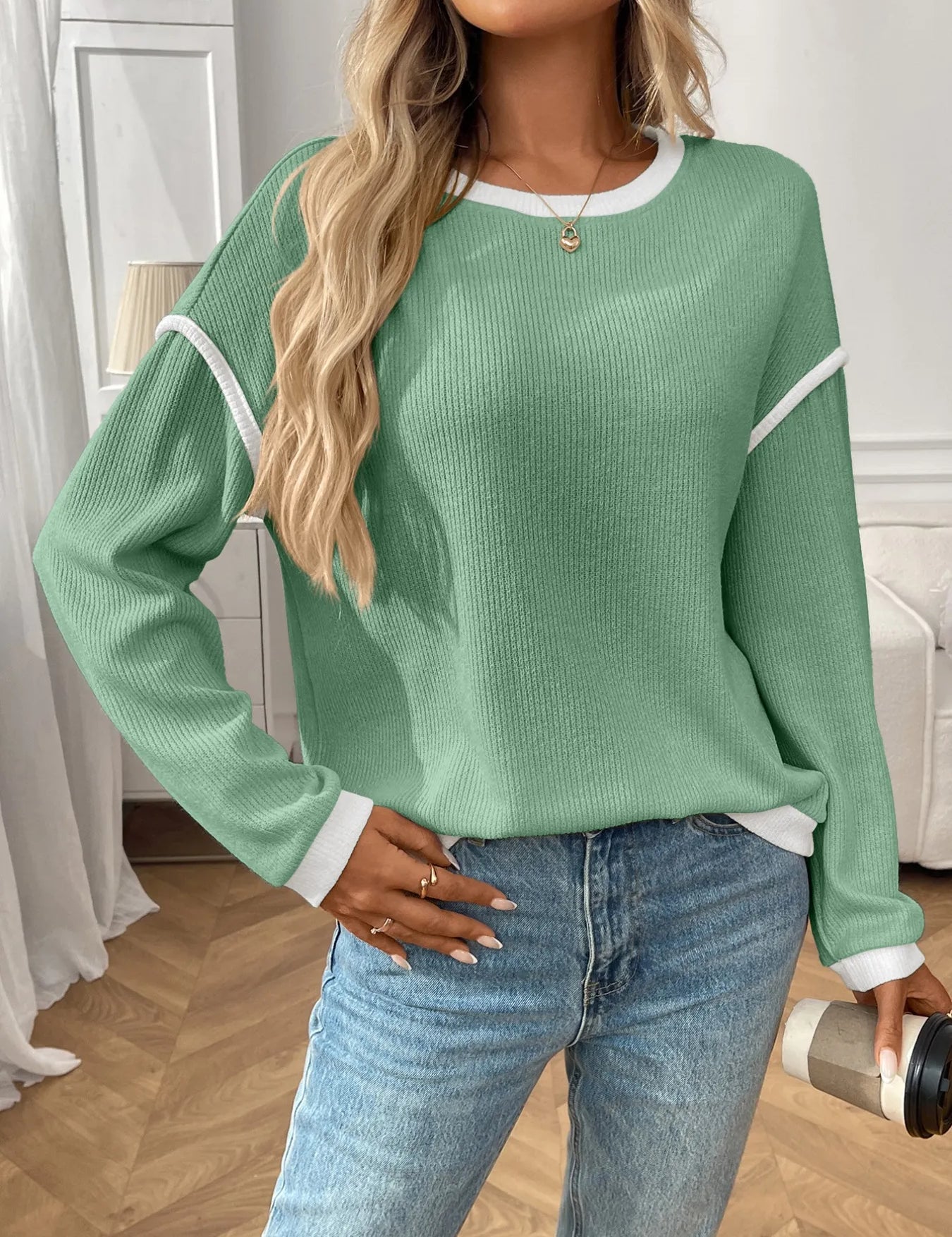 Ribbed Contrast Trim Long Sleeve Top | Knit Tops Daverri Fashions