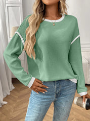 Ribbed Contrast Trim Long Sleeve Top | Knit Tops Daverri Fashions