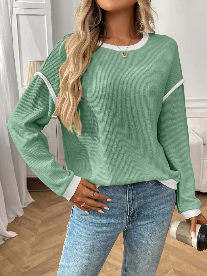 Ribbed Contrast Trim Long Sleeve Top | Knit Tops Daverri Fashions