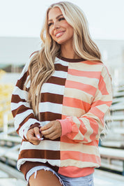 Brown Stripe Color Block Drop Shoulder Pullover Sweatshirt | Sweatshirts Daverri Fashions
