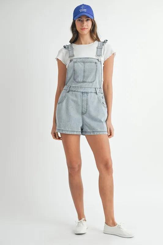 MABLE Square Neck Ruffle Shoulder Denim Overall Romper Shortalls