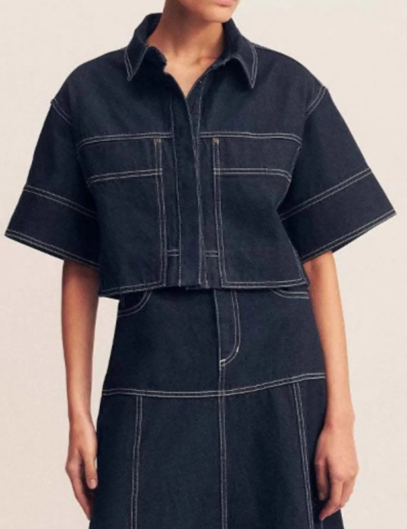 Dark Cropped Short Sleeve Contrast Stitch Denim Top | Tops Daverri Fashions