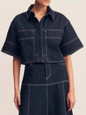 Dark Cropped Short Sleeve Contrast Stitch Denim Top | Tops Daverri Fashions