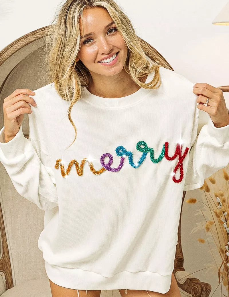 WHITE MULTI BiBi Merry Tinsel Lettering Drop Shoulder Sweatshirt | Sweatshirts Daverri Fashions