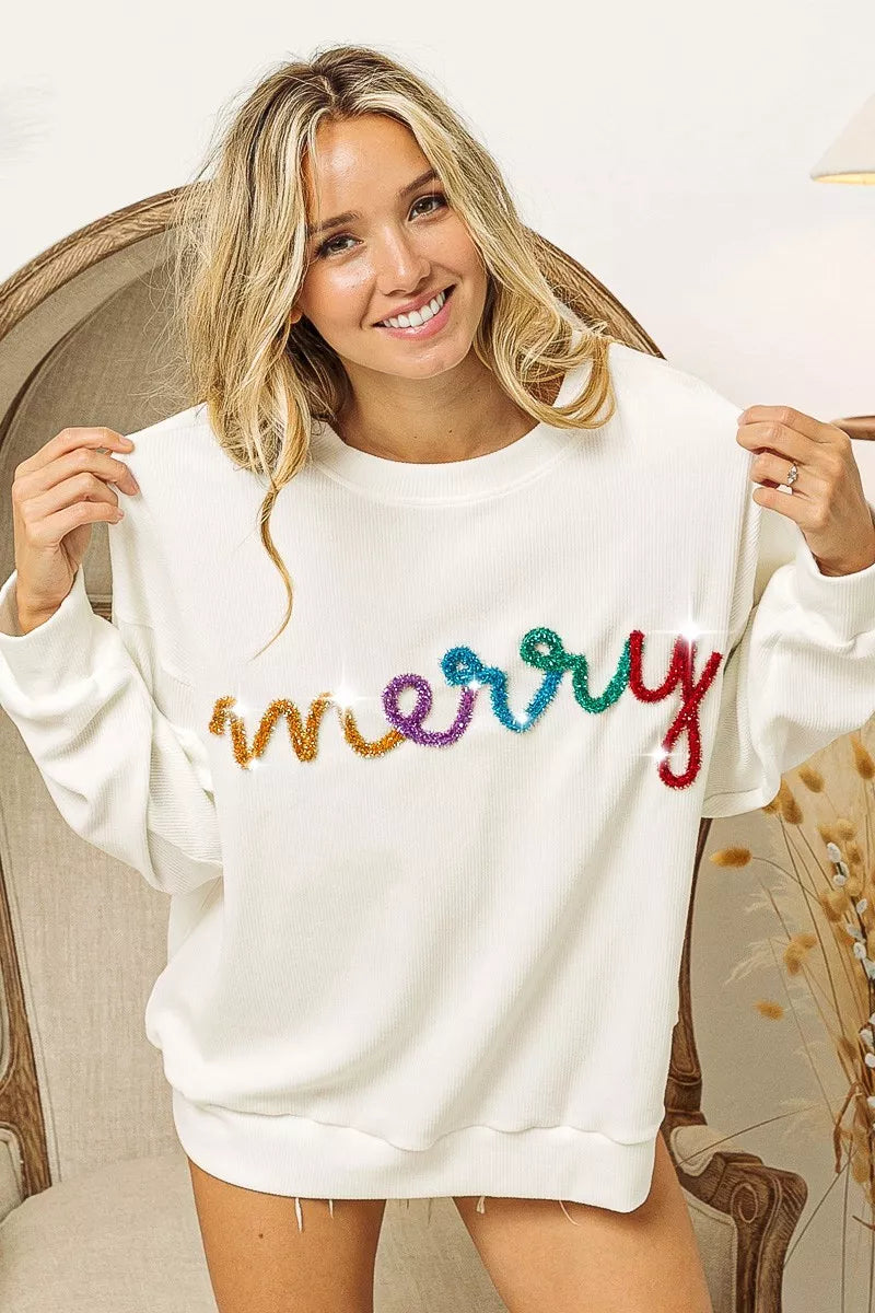 WHITE MULTI BiBi Merry Tinsel Lettering Drop Shoulder Sweatshirt | Sweatshirts Daverri Fashions