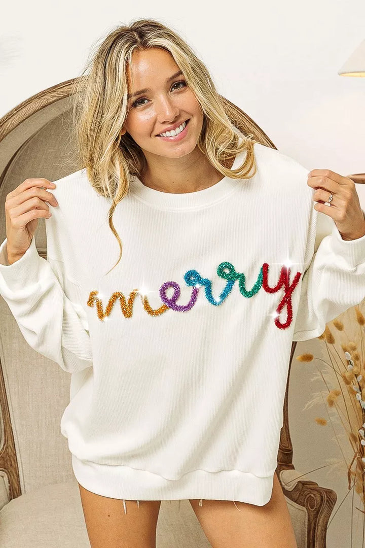WHITE MULTI BiBi Merry Tinsel Lettering Drop Shoulder Sweatshirt | Sweatshirts Daverri Fashions