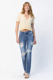 Judy Blue Full Size Mid Rise Destroy Straight Jeans Plus Size | Jeans Daverri Fashions