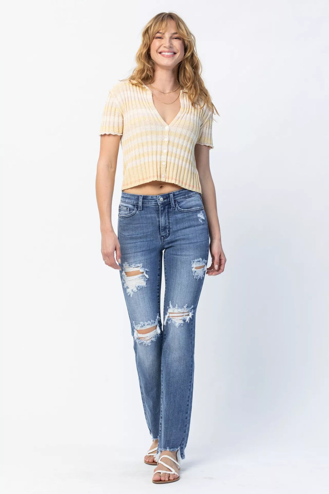 Judy Blue Full Size Mid Rise Destroy Straight Jeans Plus Size | Jeans Daverri Fashions