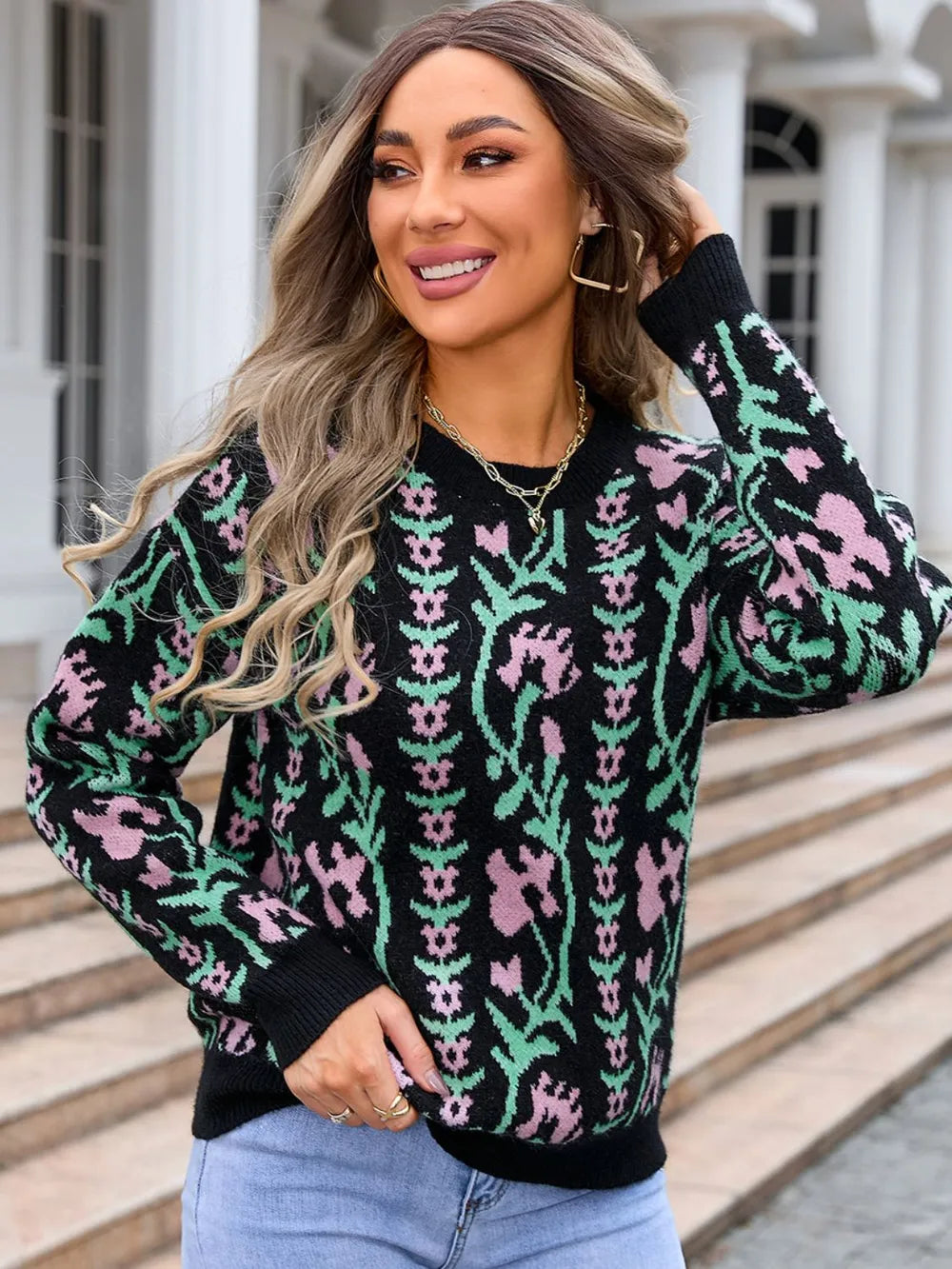 Black Angel Wings Flower Round Neck Long Sleeve Sweater | Sweaters Daverri Fashions
